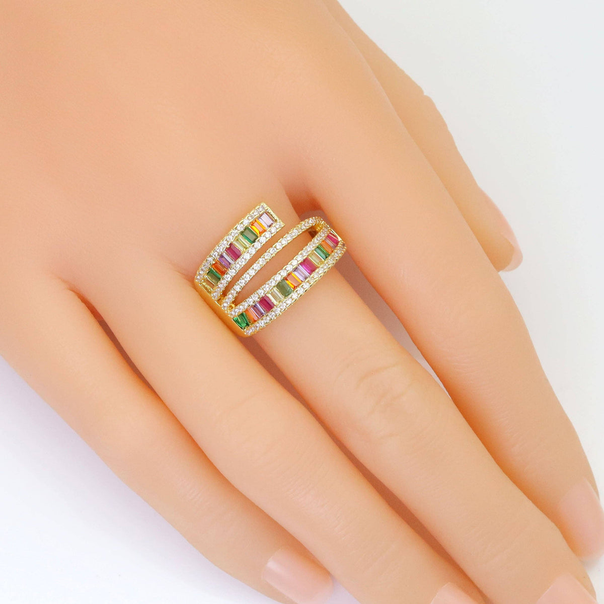 Colorful Baguette CZ Gold Wrap Adjustable Ring, Sku#LX496