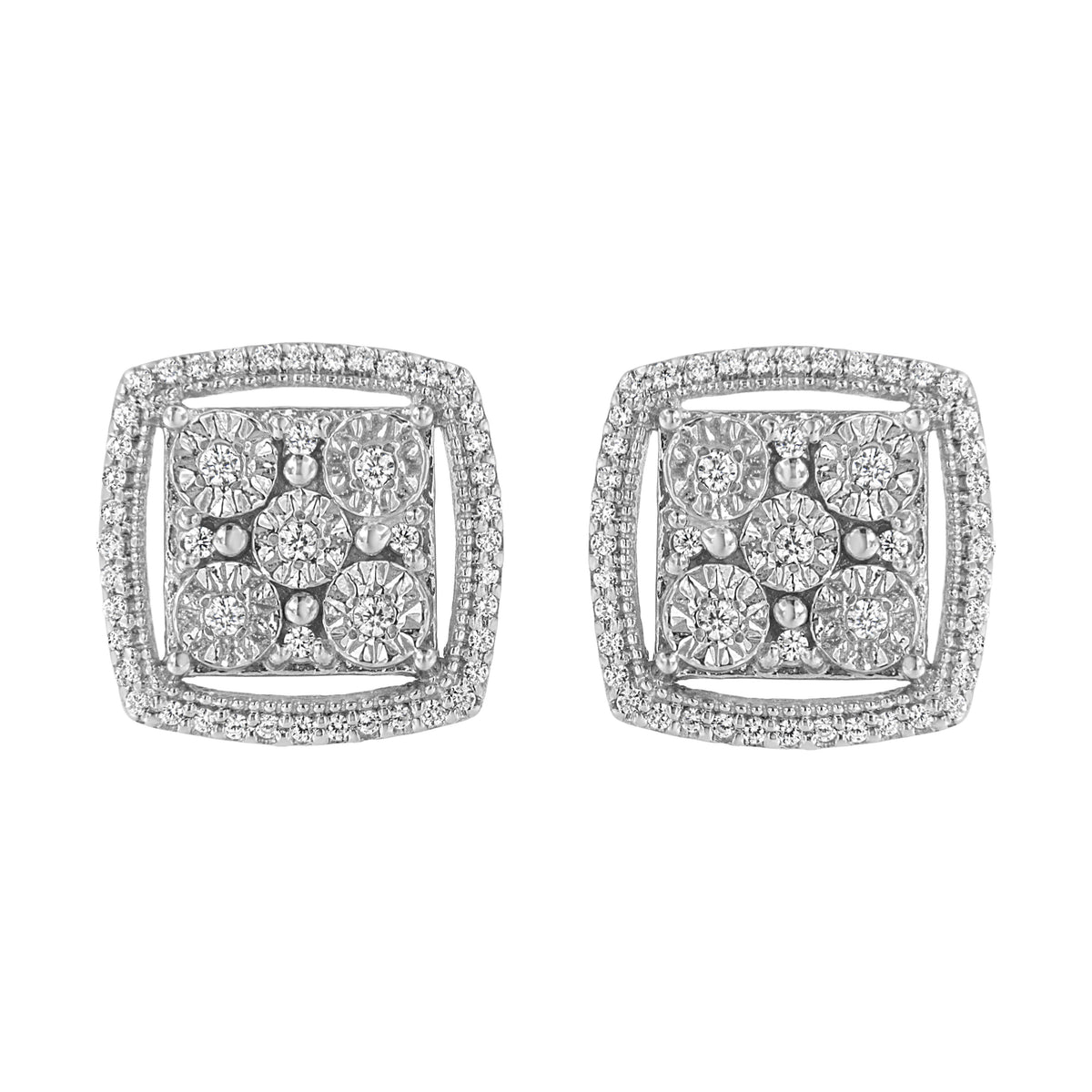 .925 Sterling Silver 3/8 Cttw Miracle Set Round Diamond Double Halo Cluster Earrings (I-J Color, I2-I3 Clarity)