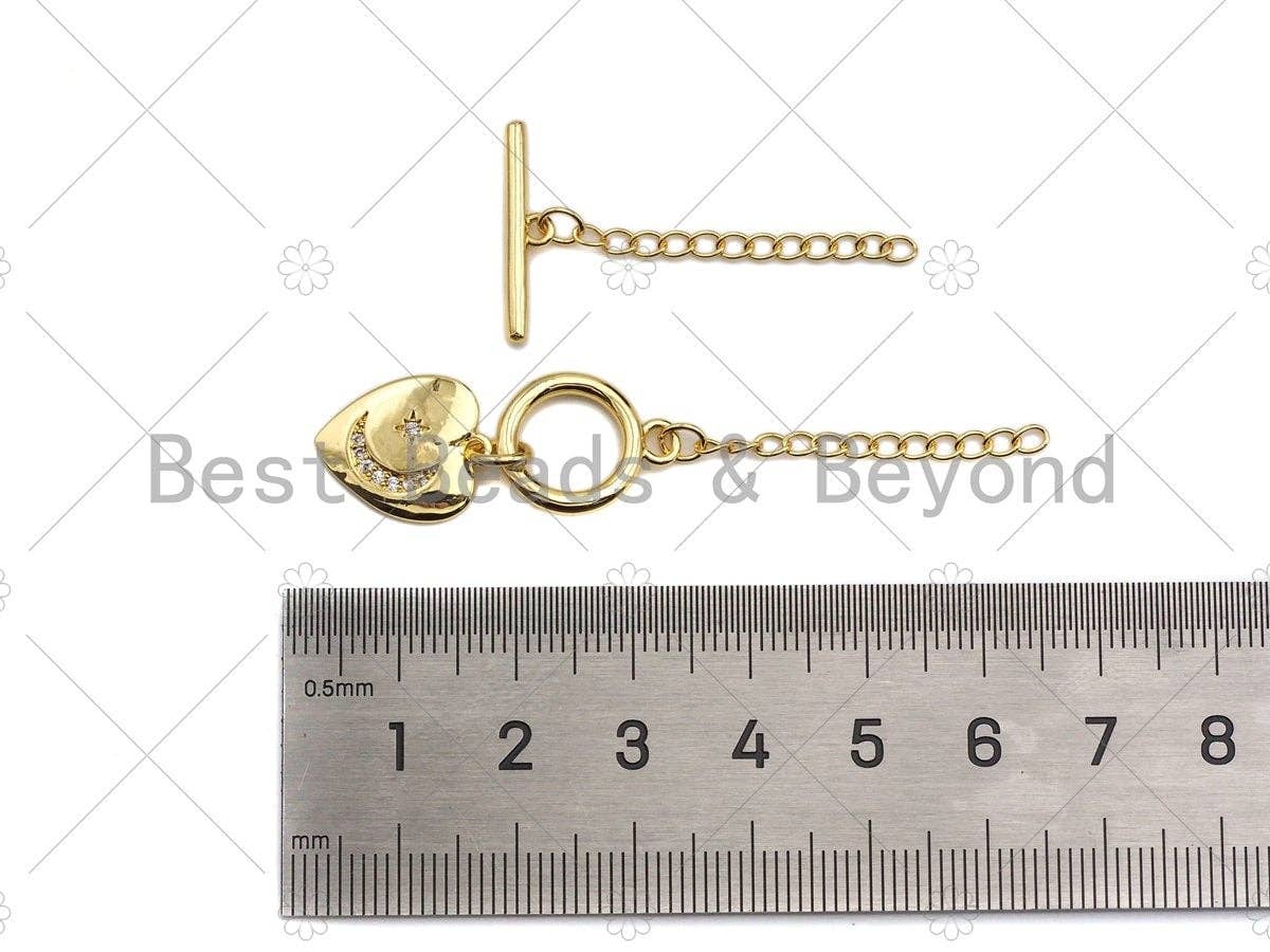 1 Set CZ Micro Pave Moon Star on Heart Toggle Clasp, Gold/Silver Color Heart Toggle Clasp, T-bar closures, 13x15mm, sku#K129