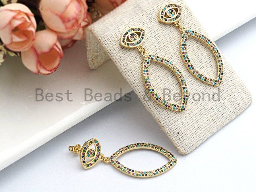 Rainbow CZ Micro Pave Evil Eye With Oval Dangles Earring, Da