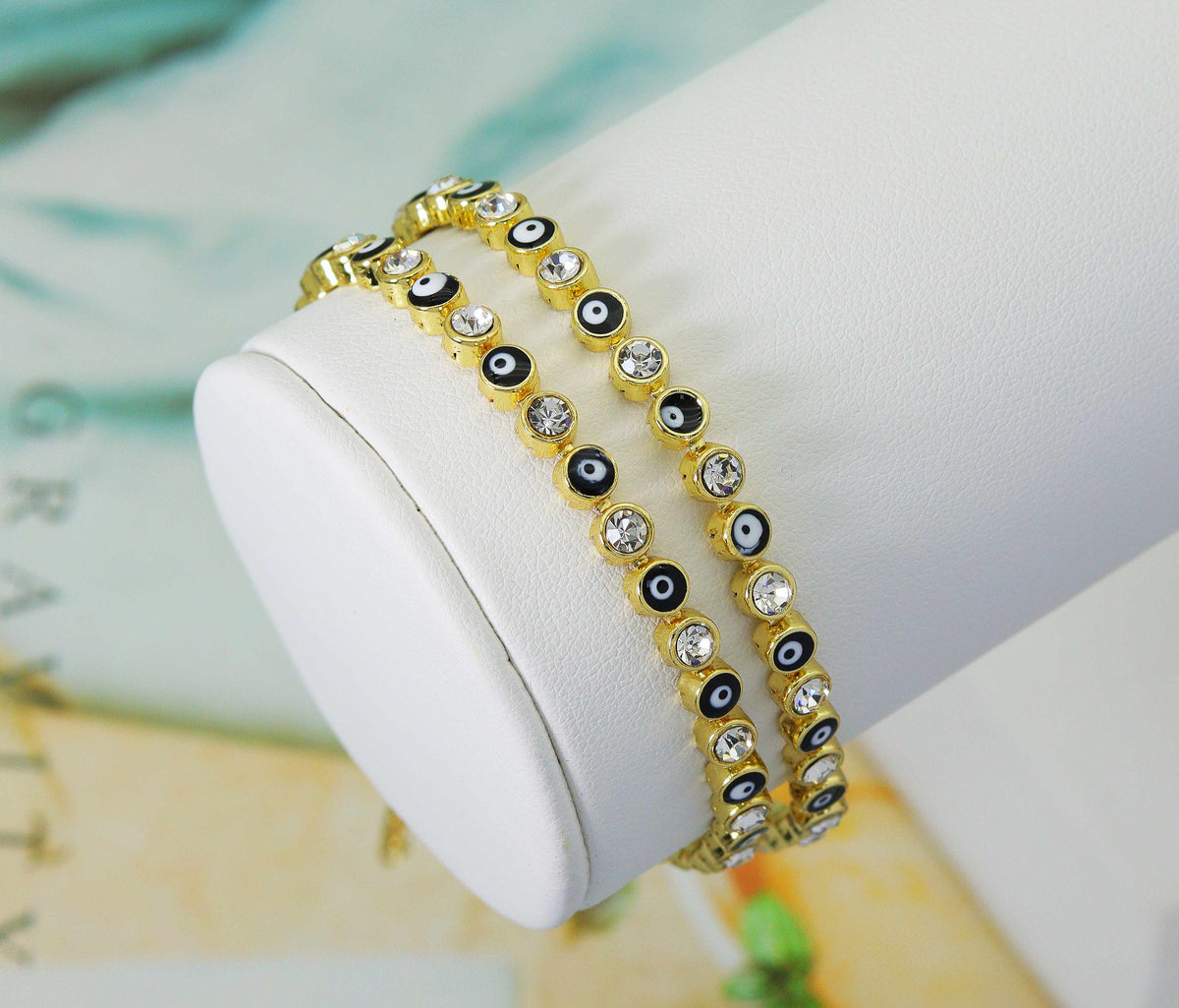 Round CZ and Enamel Evil Eye Adjustable Bracelet with Extender, Sku#LD288