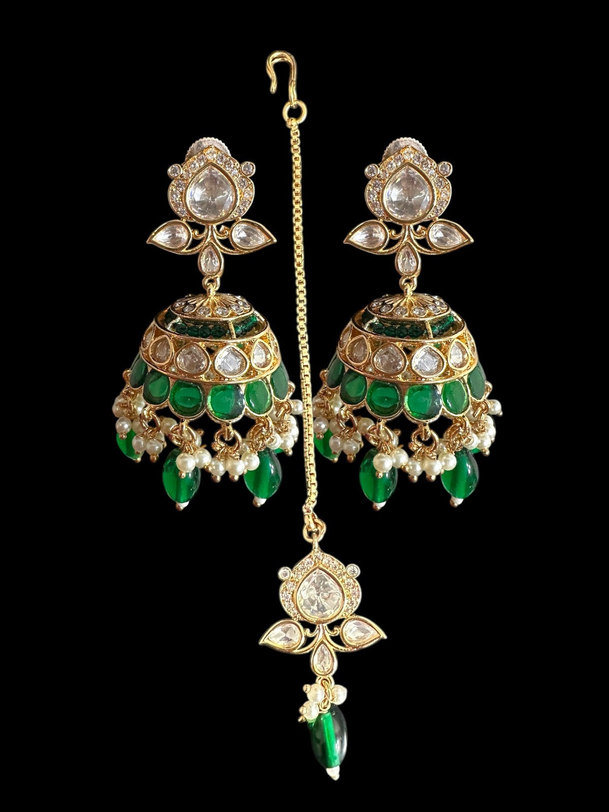 DJET70 Savera Polki jhumka and tika set in green ( READY TO SHIP )