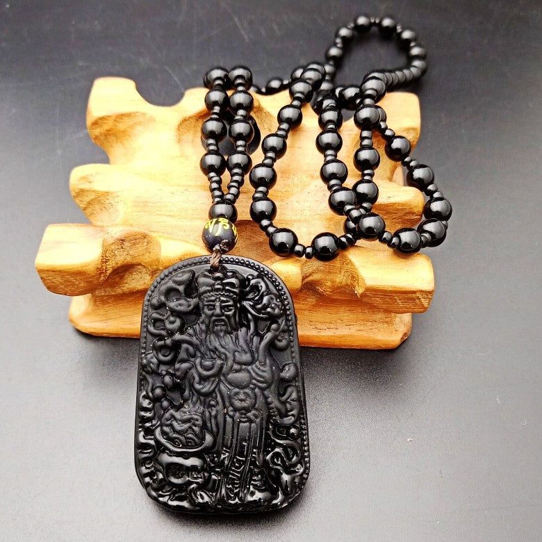 Men's Obsidian Pi Avalokitesvara Buddha Smooth Glass Necklaces