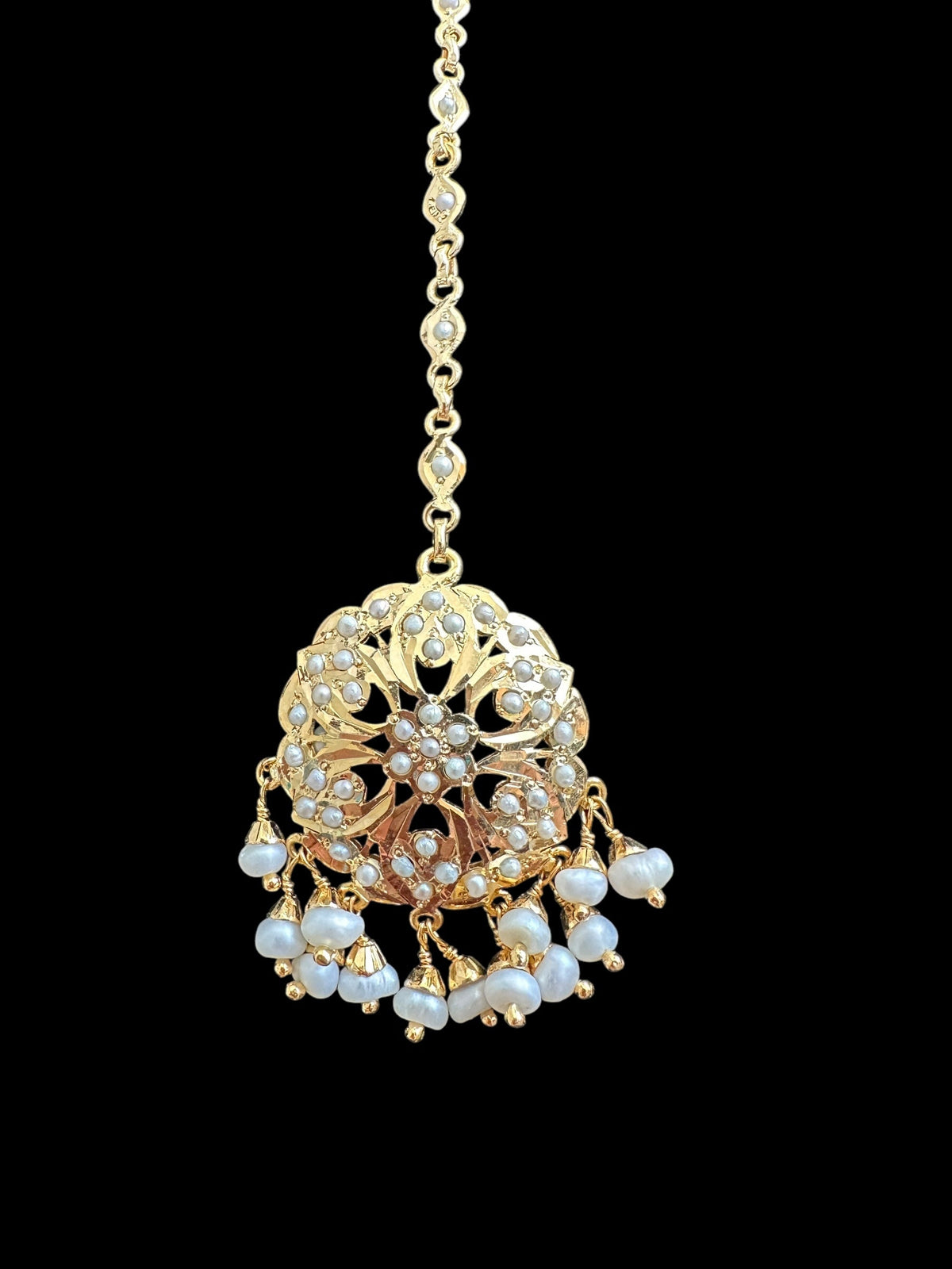 Gold plated silver tikka in fresh water pearls ( READY TO SHIP  )