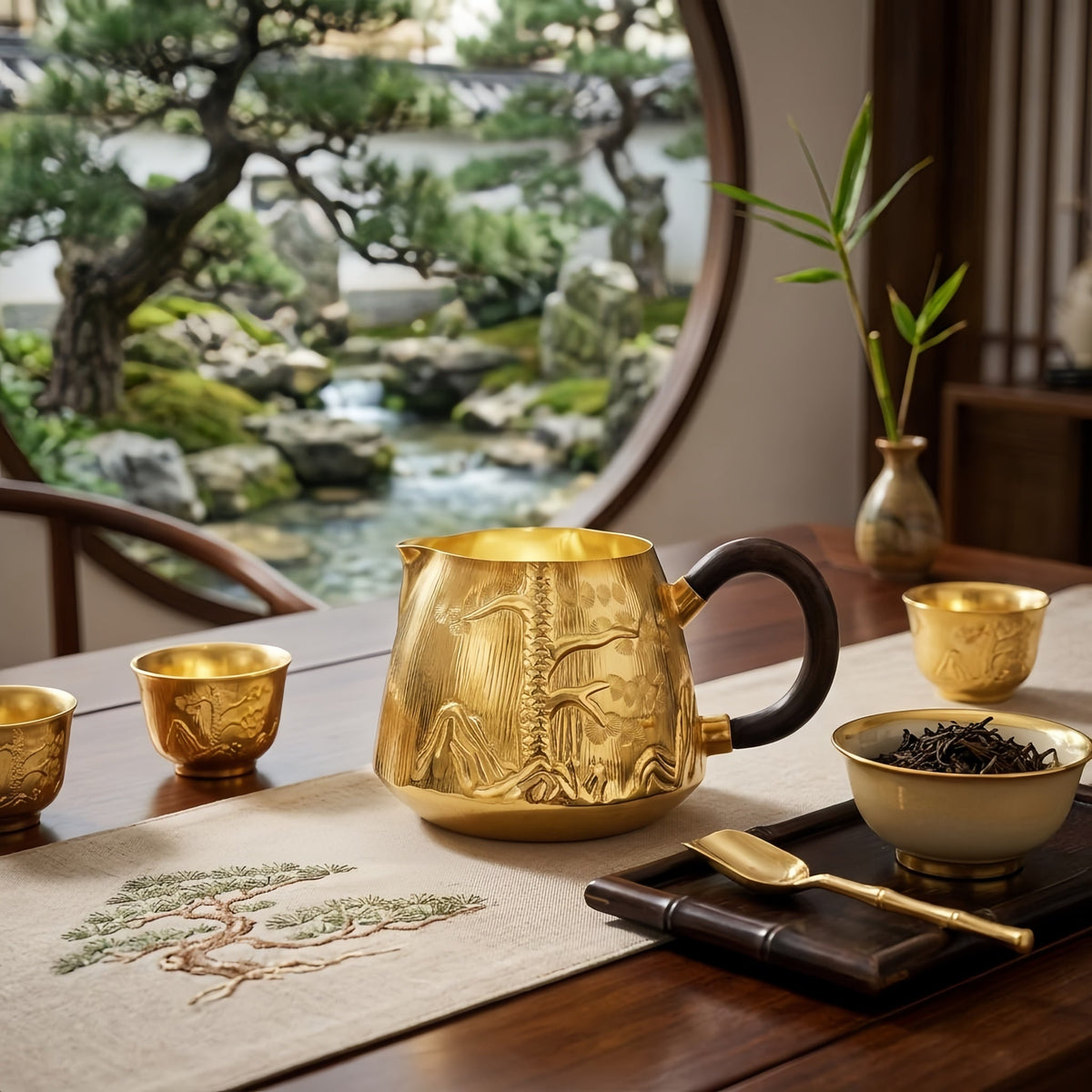 Pure 999 Fine Silver Elegant Handcrafted Gilded Pitcher Featuring Embossed Pine and Mountain Landscape with Dark Wood Handle - Handicraft