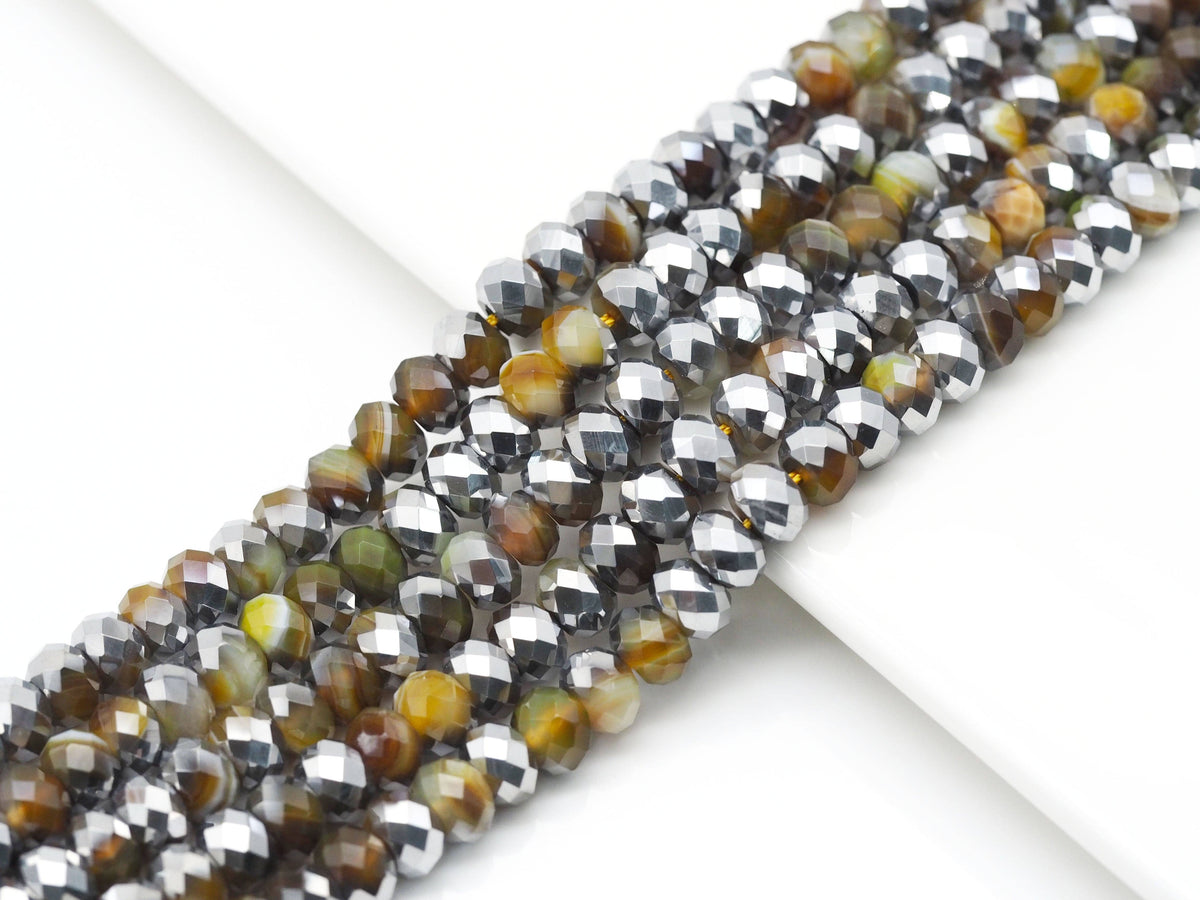 Half Silver Plated Yellow Brown Banded Agate Rondelle Faceted Beads, Sku#UA257