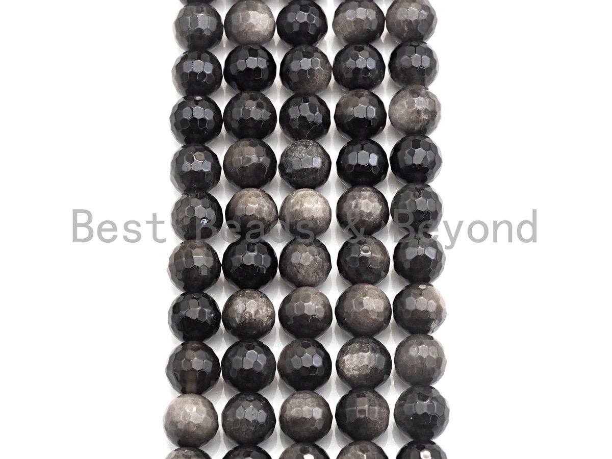 SPECIAL CUT Natural Obsidian, Round Faceted 6mm/8mm/10mm/12mm/14mm, 15.5" Full Strand, sku#U725