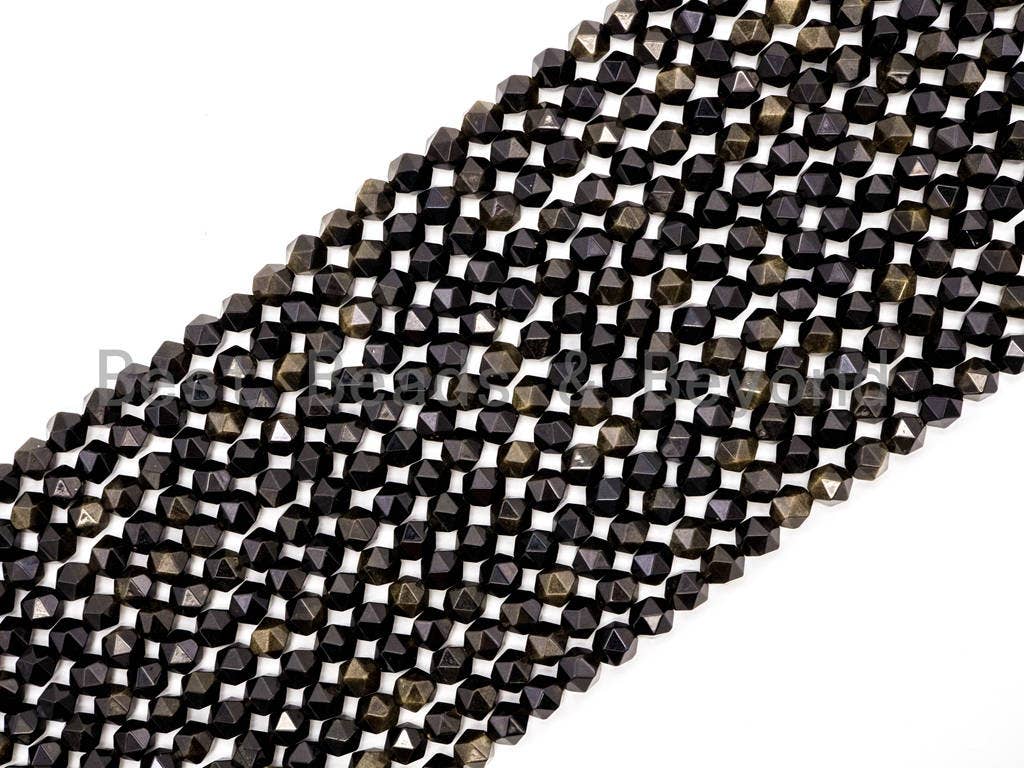 Unique Cut Quality Natural Golden Obsidian beads, 6mm/8mm/10mm/12mm, Diamond Cut Faceted Round Gemstone Beads, 15inch strand, SKU#U40