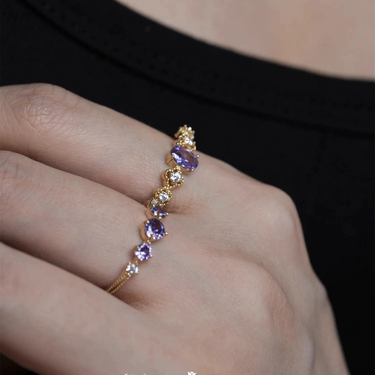 French Retro High-End Gentle Light Luxury Micro-Set Sparkling Purple Zircon Open Ring