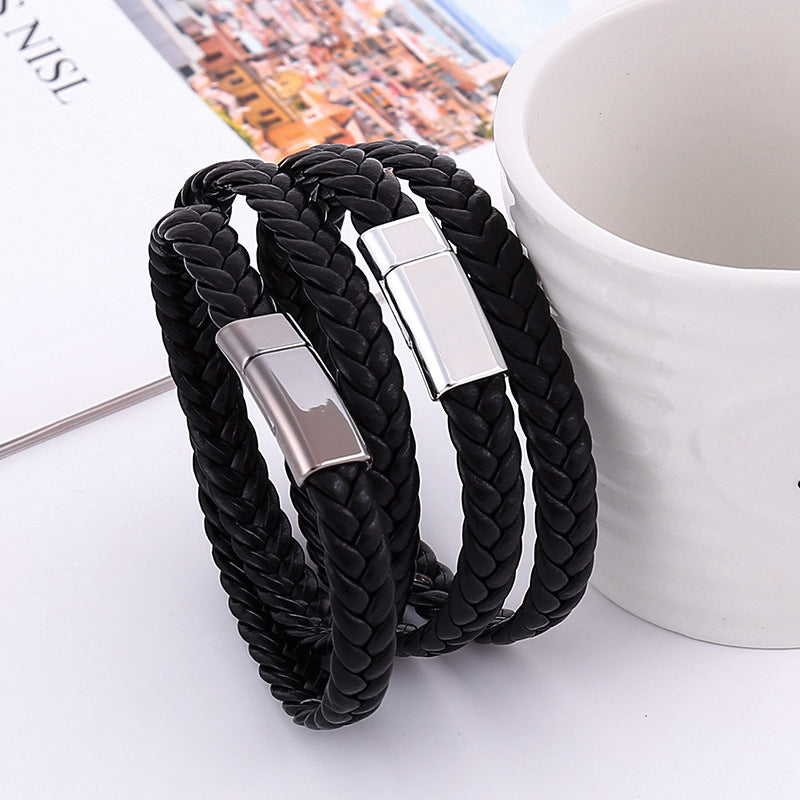 Fashion Simple Personality Two-circle Woven Leather Magnetic Bracelet