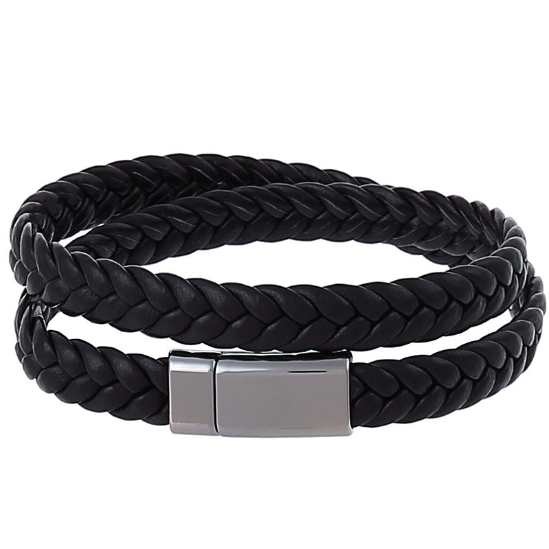 Fashion Simple Personality Two-circle Woven Leather Magnetic Bracelet