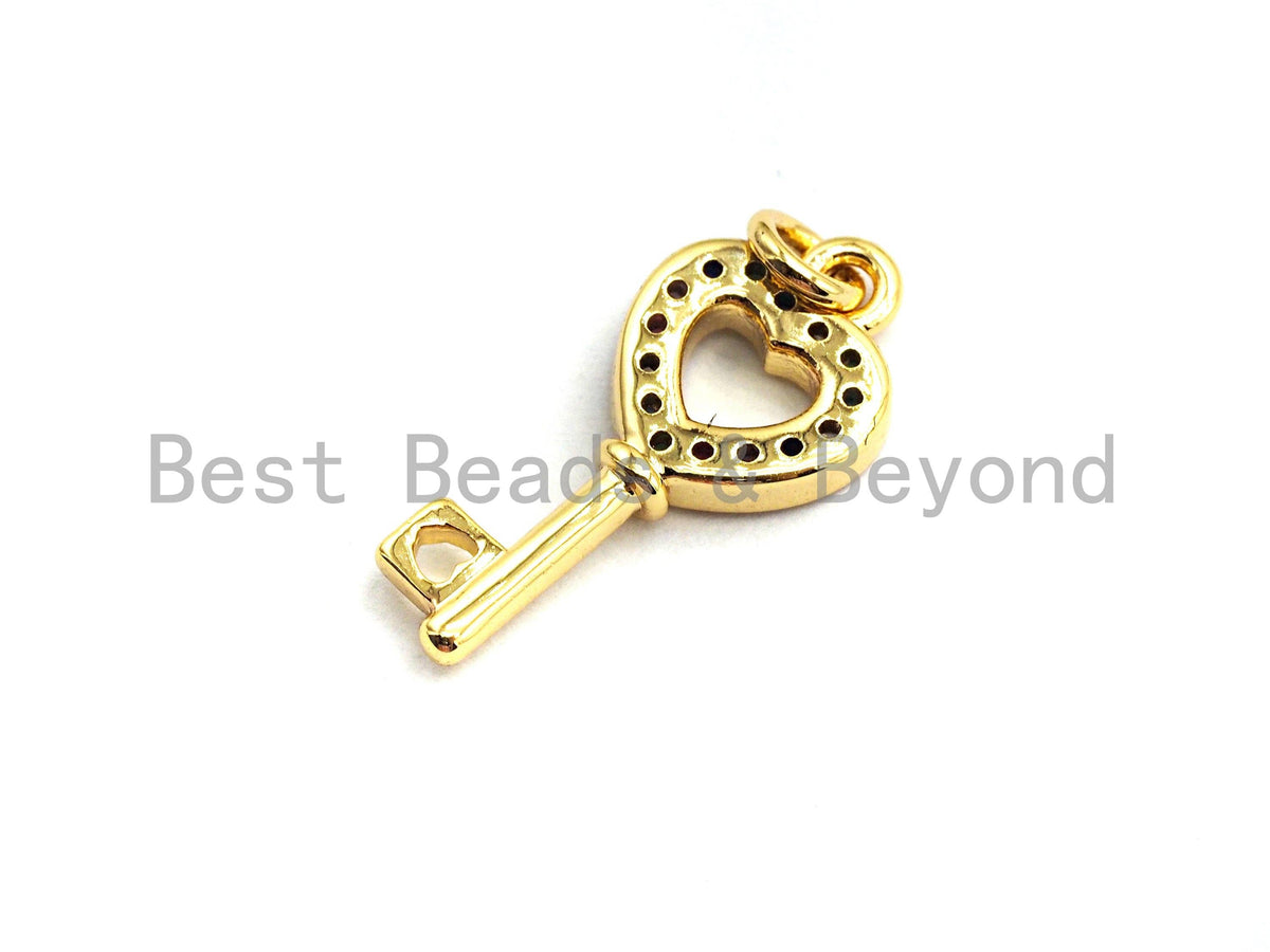 CZ Colorful Micro Pave Heart Shape Key Charm Pendant, Key Sh
