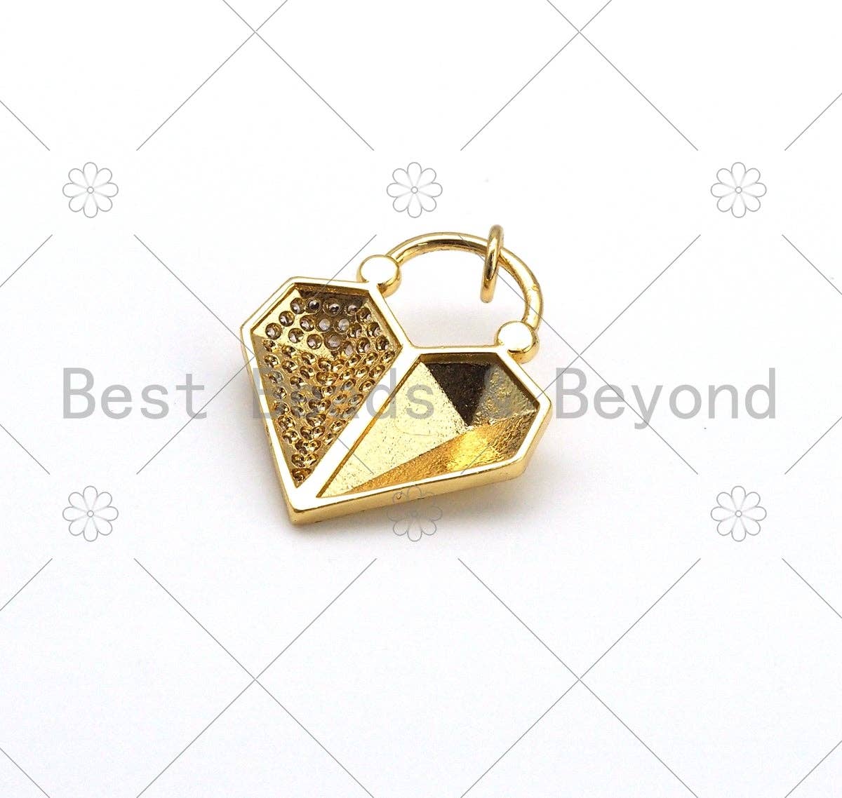 18K Gold Filled CZ Micro Pave Diamond Heart Lock Shape Pendant/Charm, Heart CZ Pendant, Gold Tone, 21x24mm,Sku#L615