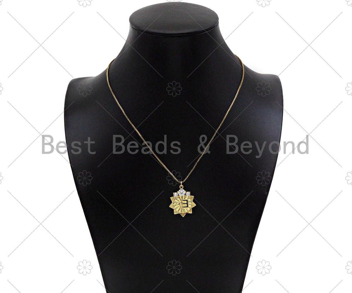 CZ Micro Pave E Word On Sunflower Shape Pendant/Charm,18K Dainty Gold with Big CZ Charm, Necklace Bracelet Charm Pendant, 21x25mm, Sku#L549