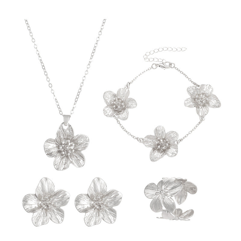 European And American Cross-Border Jewelry Pleated Texture Design Flower Earrings Necklace Bracelet Anklet Ring Bracelet Set For Women