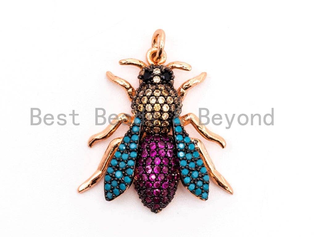 SAWFLY Inspired Charm, CZ Micro Pave Multi Color Insect Pendant, Cubic Zirconia Bug Charm,Gold/Rose Gold/Silver/Black,23x25mm,SKU#F442