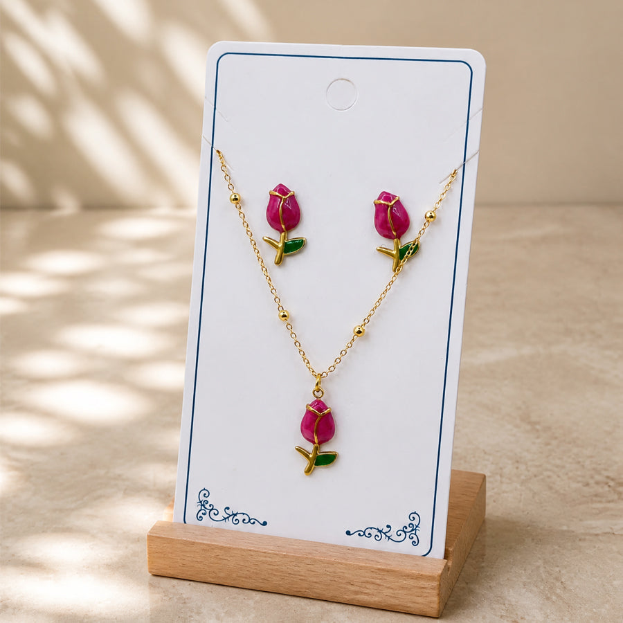 Gold Tone Enamel Tulip Flower Jewelry Set 2Pcs Women Pendant Necklace Stud Earrings Multi Color Floral Bud With Green Leaves Daily Party Dropshipping Gift