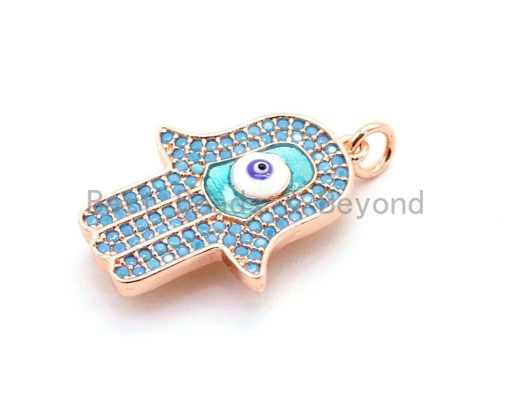 CZ Micro Pave Turquoise Hamsa Hand With Evil Eye Pendant/Charm,Cubic Zirconia Pendant,Fashion Jewelry Findings, 18x28mm, sku#F18