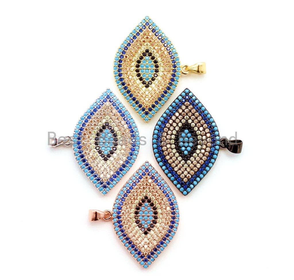 CZ Micro Pave Turquoise Cobalt Marquise Evil Eye Pendant, Cubic Zirconia Pendant,32x28mm, sku#F30