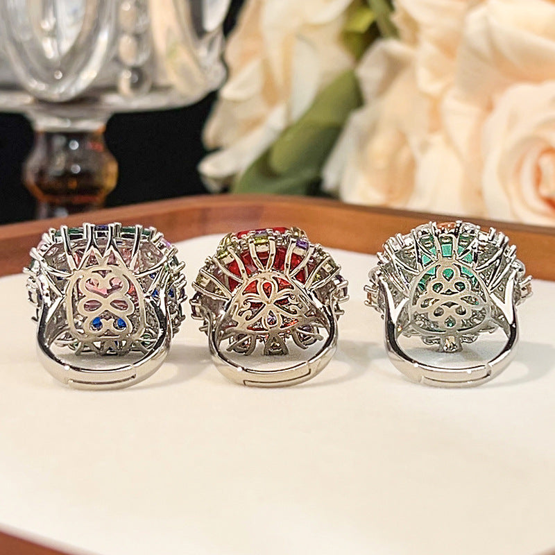 Luxury Oval Cut Simulated Emerald Ring, Multi-Color Gemstone Pave Setting Statement Ring For Women