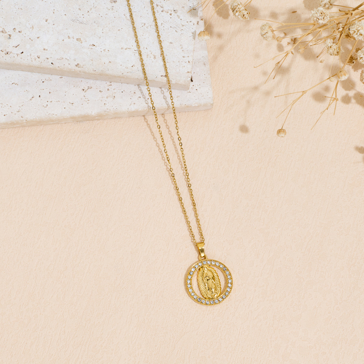 Stainless Steel Inlaid Rhinestone Virgin Mary Pendant Necklace
