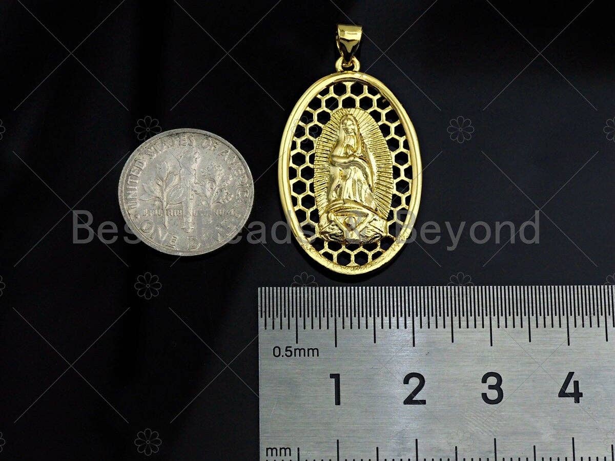 18K Gold Virgin Mary On Oval Emblem Pendant, Hollow Out Oval Charm, Virgin Mary Pendant, Dianty Gold Medallion Charm,31x19mm, Sku#F1145