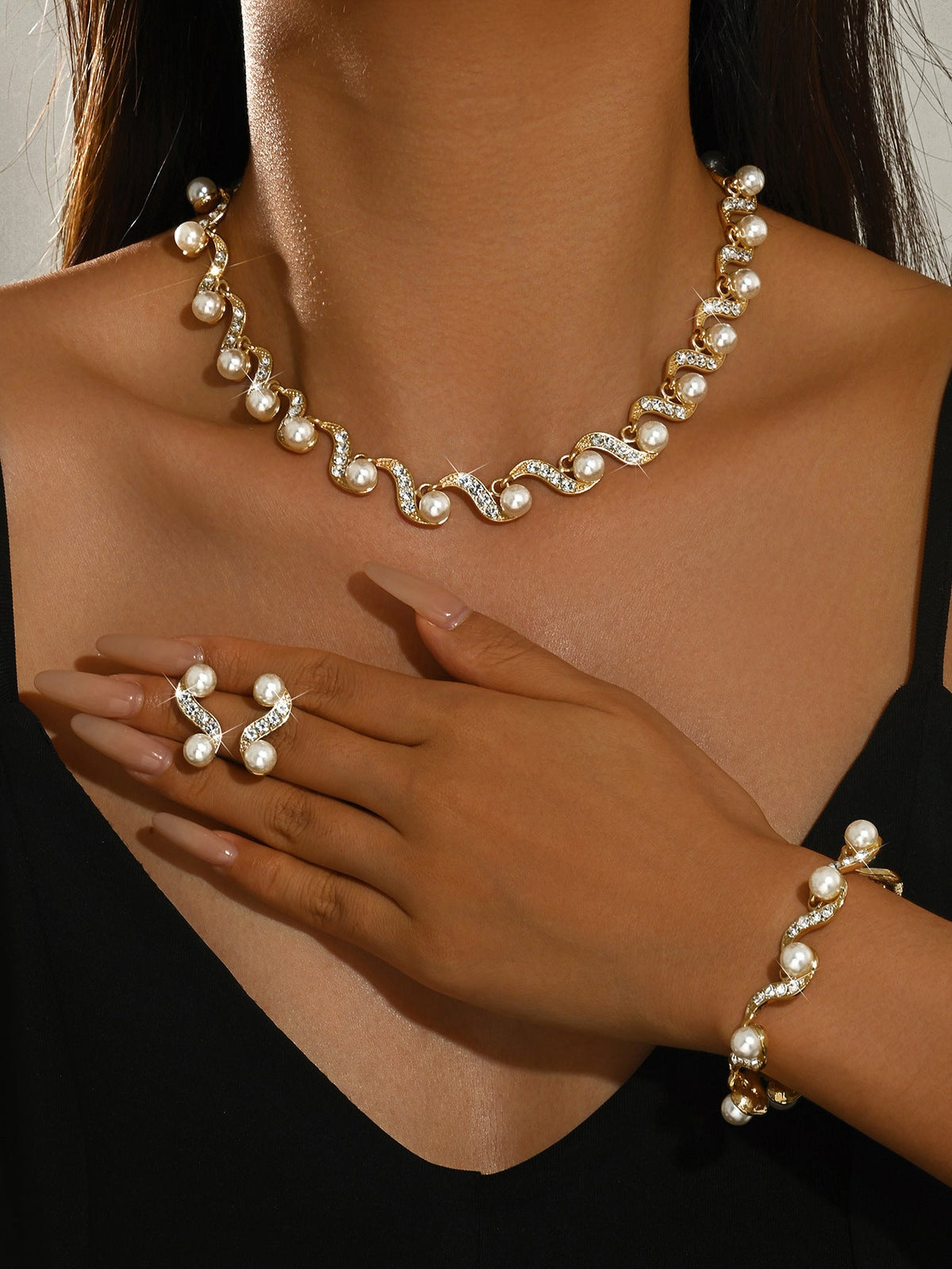 Women 3 Pcs Rhinestone Pearl Jewelry Set,Necklace Earrings Bracelet,Elegant Bridal Costume Accessories For Wedding Banquet Party Occasion
