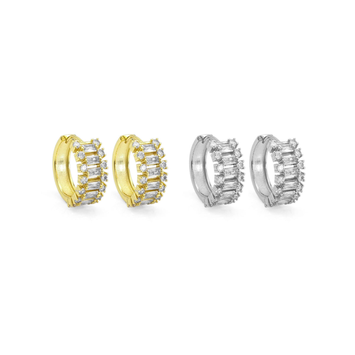 Gold Silver Baguette CZ Round Hoop Earrings, Sku#A131