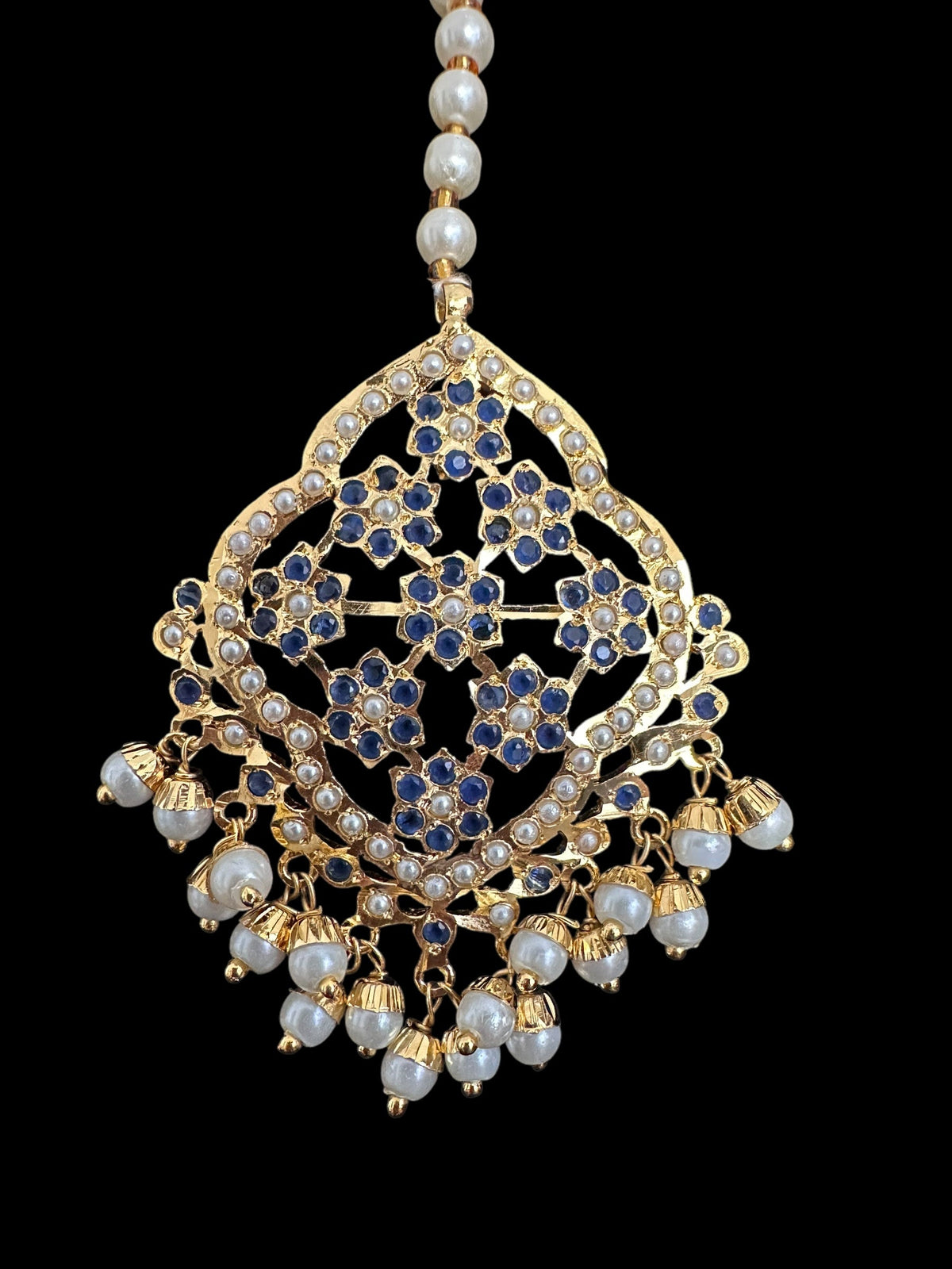 DJET89 Mehru Jadau chandbali earrings tika in sapphire pearls ( READY TO SHIP )