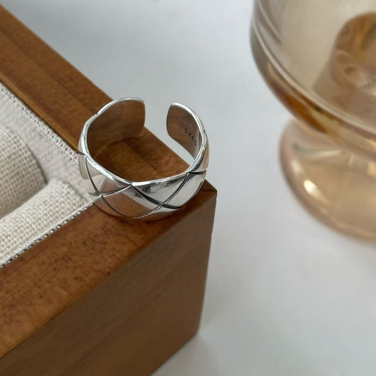 S925 Silver Rhombus Pattern Open Ring For Women, Thin & Thick Styles, Light Luxury Niche Design, Fashionable, Individual, Vintage & All-Match Finger Ring