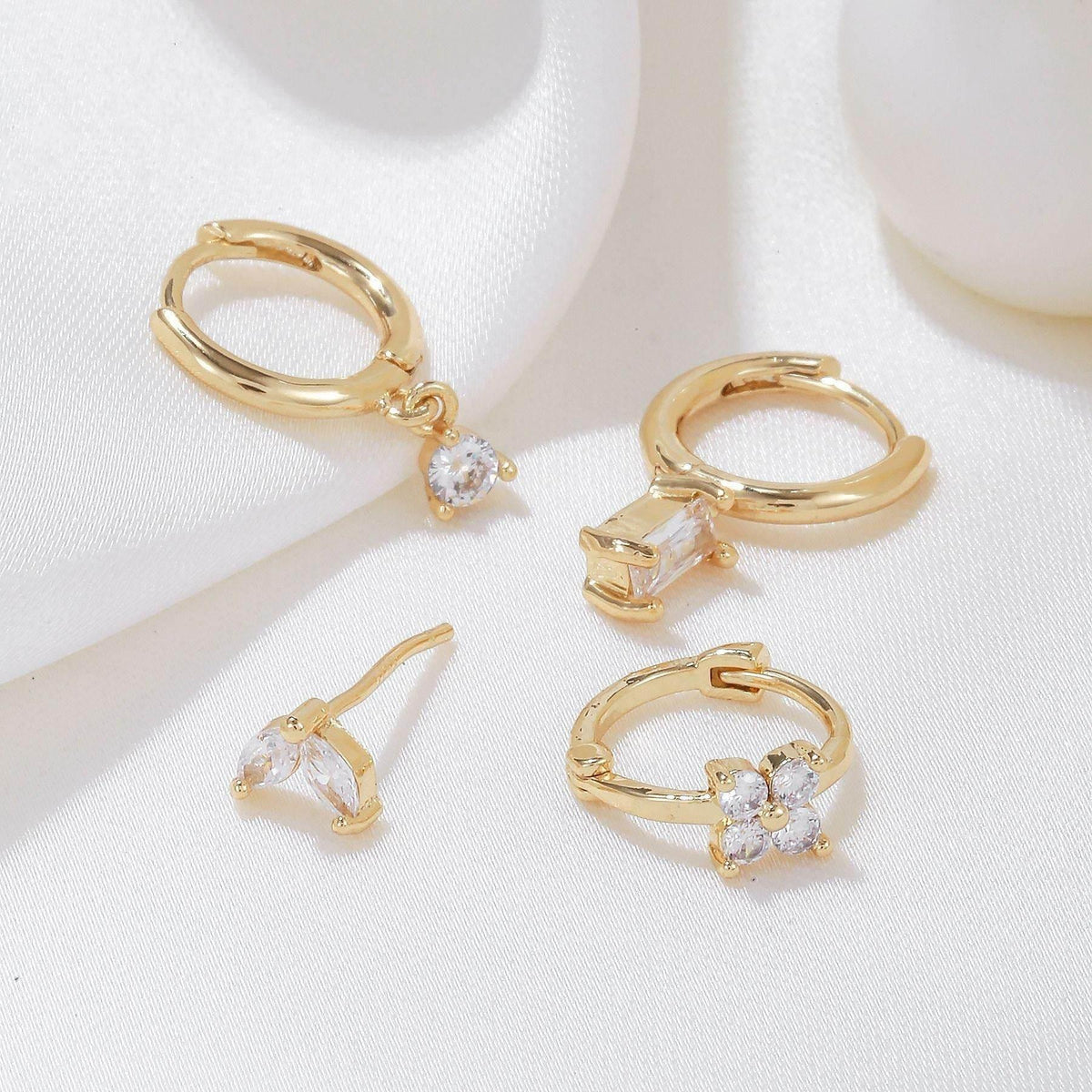 Stacking 4 Pieces Geometric Zircon Stud Earring Set, 18k Gold Plated Ear Studs and Drops, Trendy Sweet Cool Earrings, S925 Needle