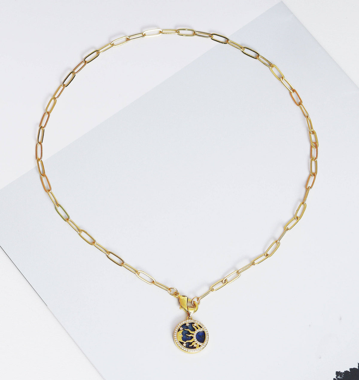 Paperclip Chain Necklace with Stone Sun Moon Charm, Sku#CL28
