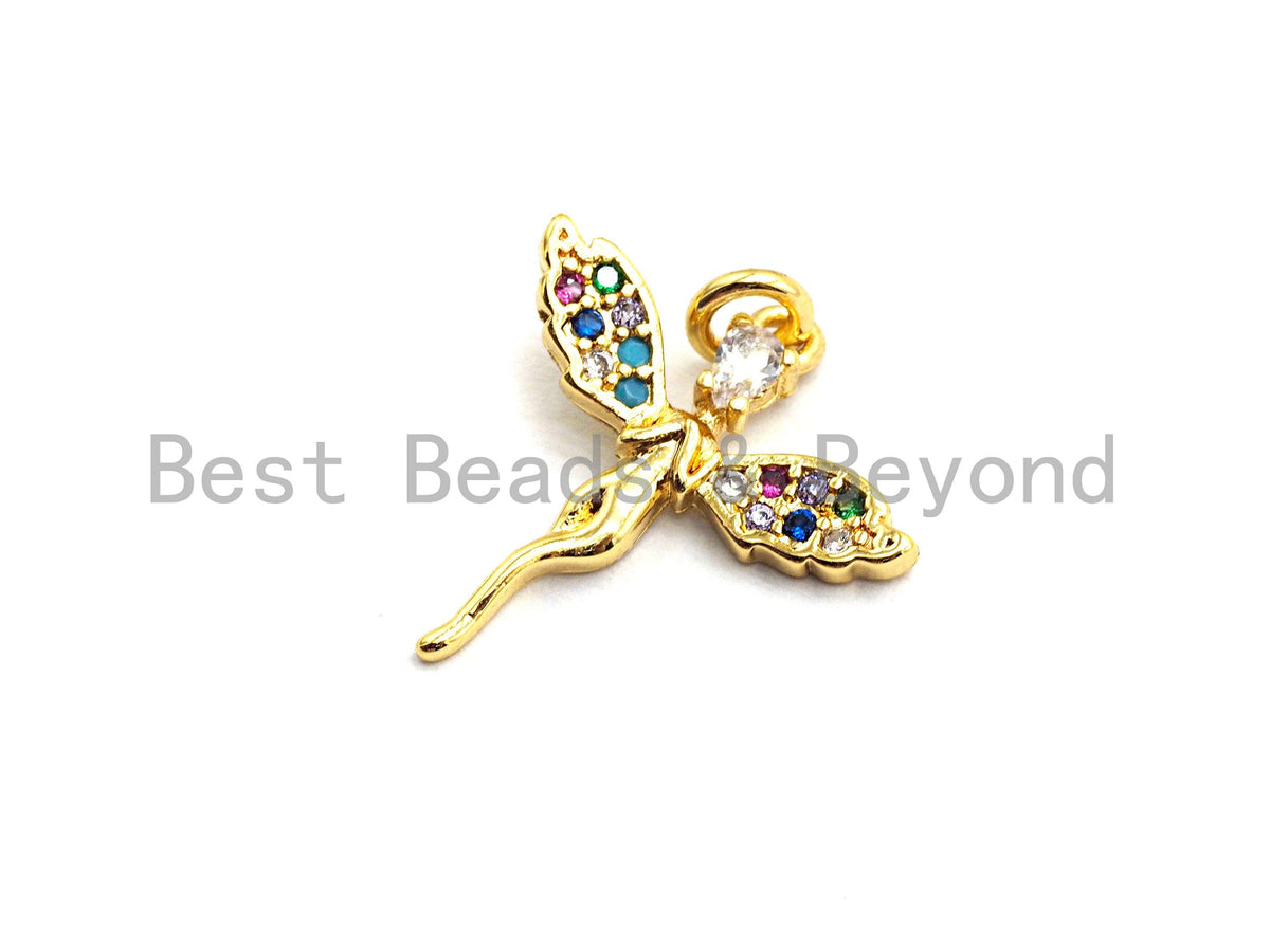CZ Colorful Micro Pave Fairy Charm/Pendant, Angel Wing Lady Pave Pendant, Gold plated, 16x17mm, Sku#F751