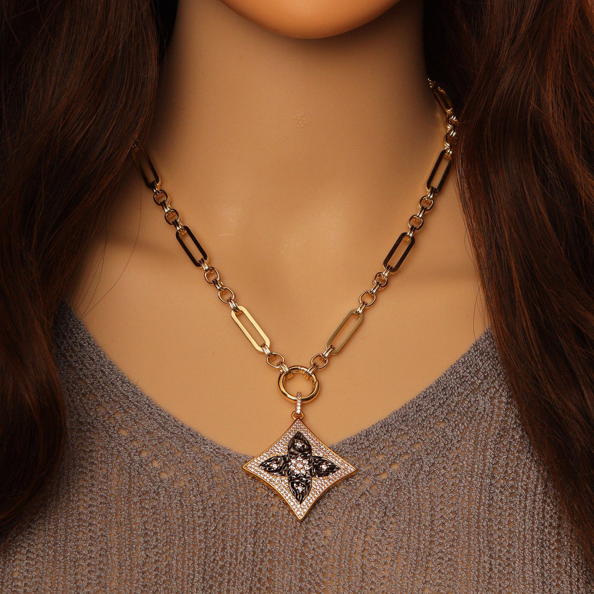 Mixed Paperclip Link Chain with Rhombus Clover necklace