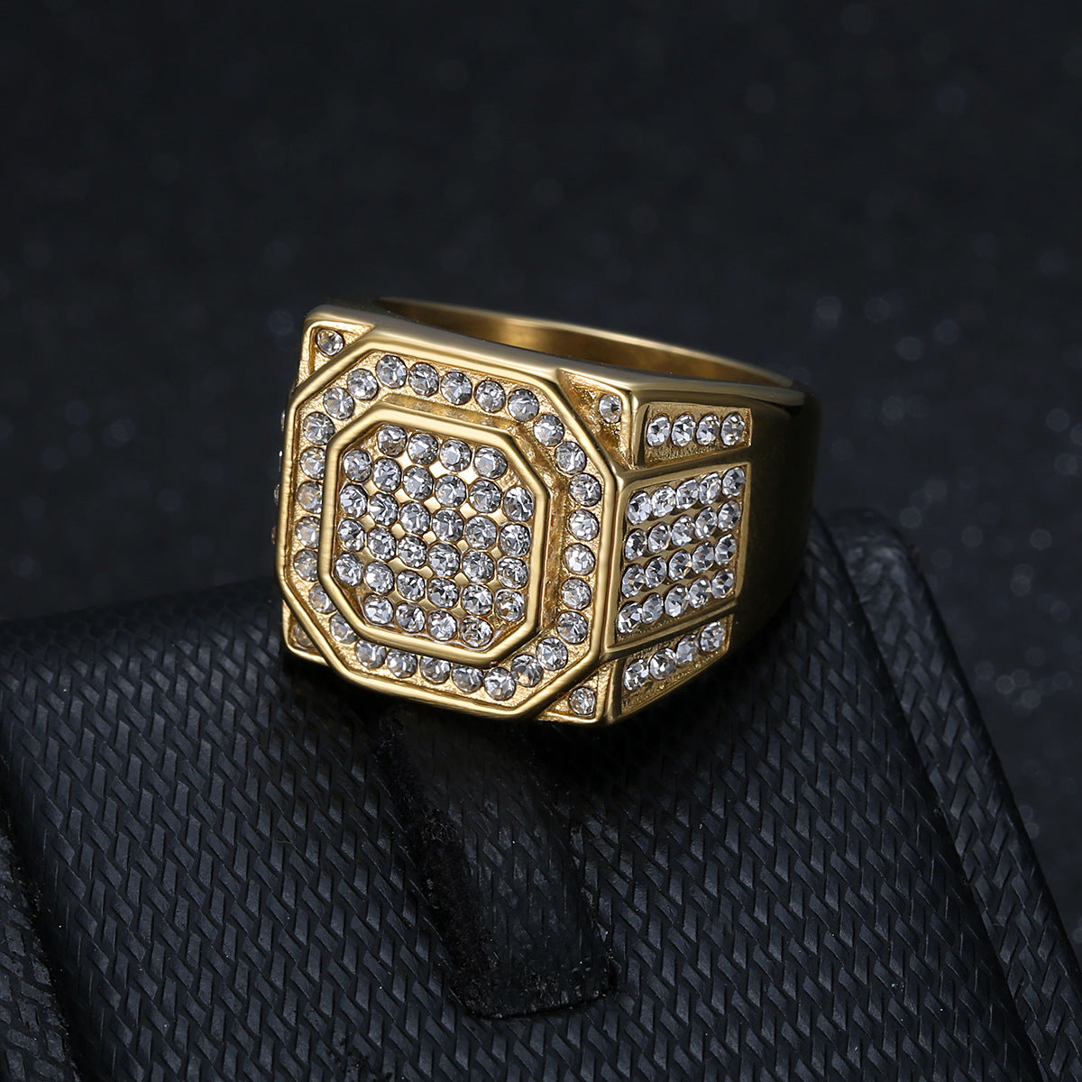 Titanium Steel Gold-Plated Full-Crystal Mens Ring