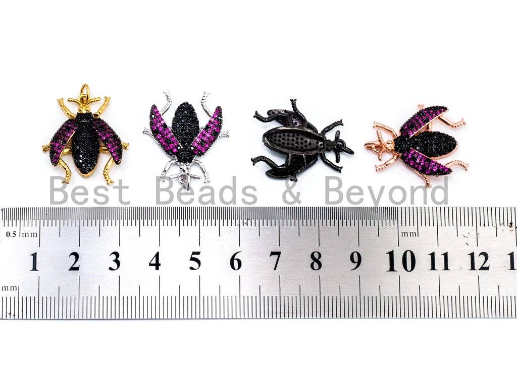 BEETLE Inspired Charm, CZ Micro Pave Fuchsia Insect Pendant, Cubic Zirconia Pendant,Gold/Rose Gold/Silver/Black,23x25x6mm,SKU#F455