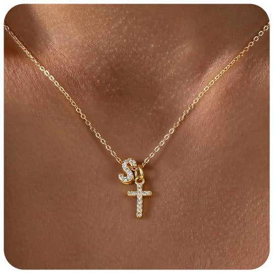 Zircon Inlaid 26 Letter Cross English Necklace