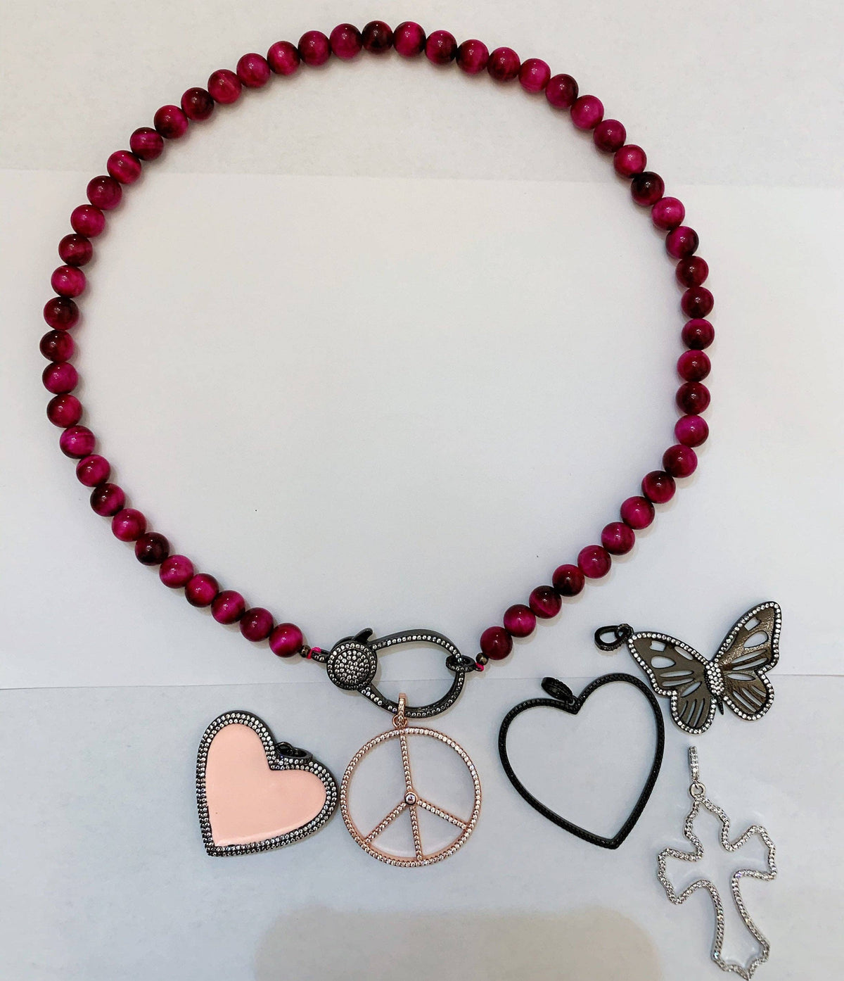 PINK Tiger eye Attachment Necklace with Large CZ Pave Gunmetal clasp, 16/18 long, sku#D40