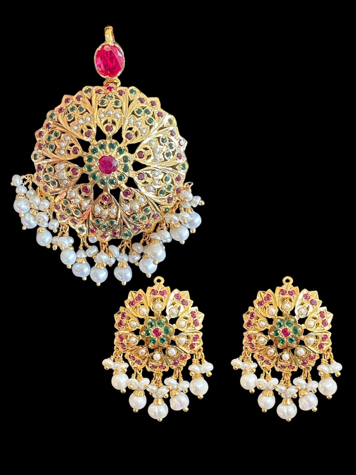 Ruby Emerald Freshwater Pearl Pendant Set in Gold-Plated Silver
 ( SHIPS IN 5 WEEKS  )