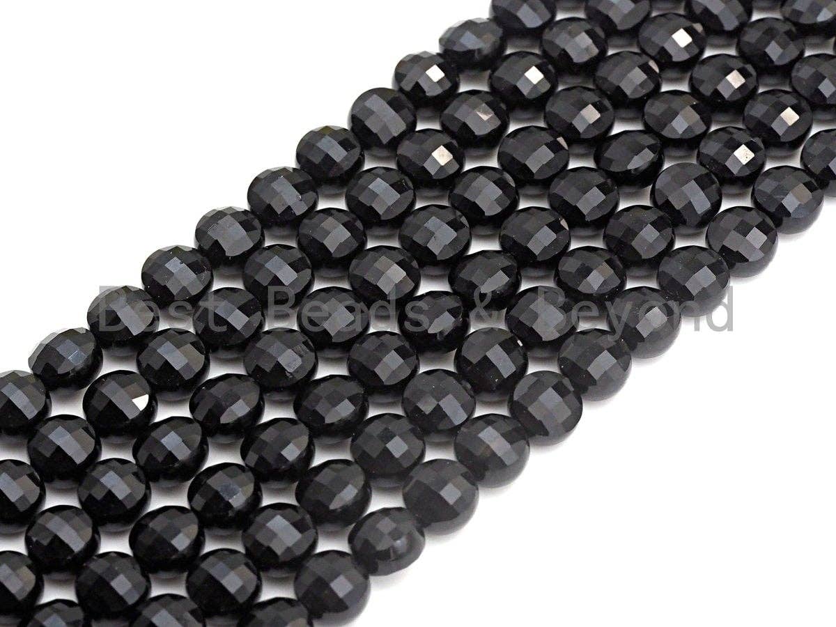 Double Sided Turtle Shell Cut Black Onyx Coin Shape beads, 6mm/8mm/10mm Checkerboard Cut Black Onyx Beads, 16" Full strand, Sku#U693