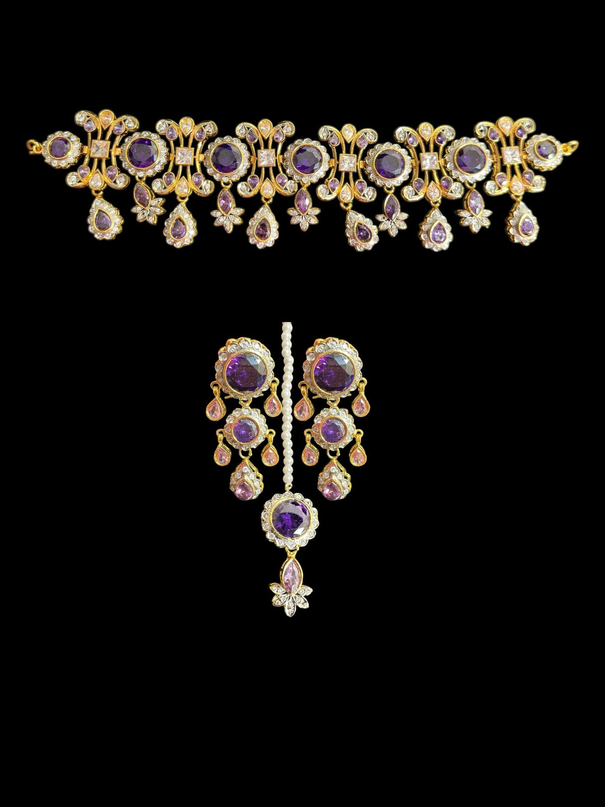 BR473 High quality cz  necklace set with tika - purple, Gold plated ( READY TO SHIP )