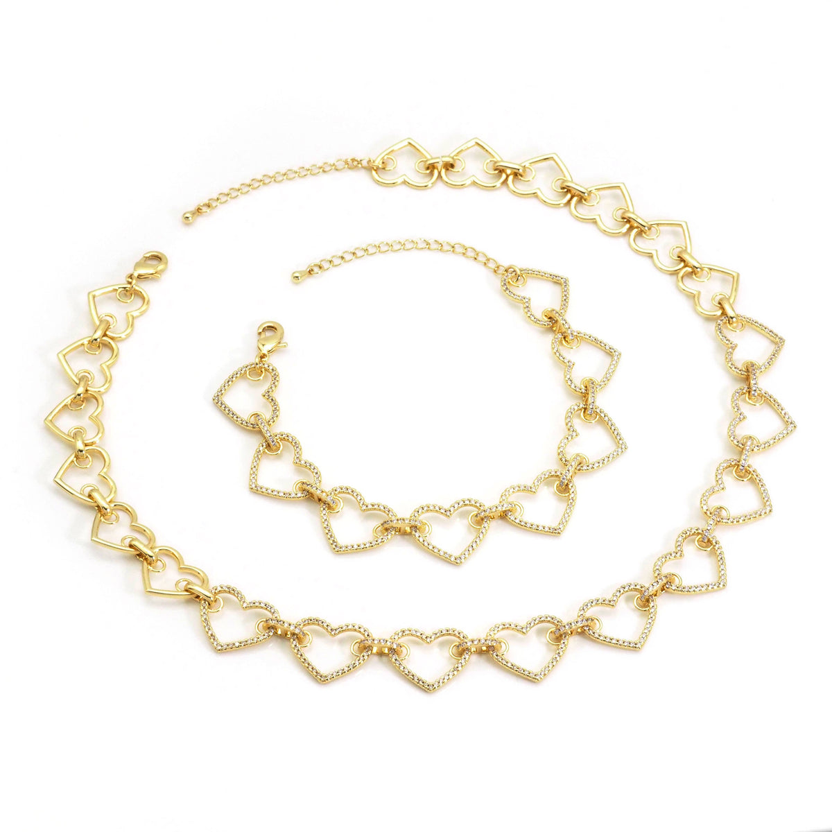 Clear CZ Gold Heart Link Chain Adjustable Necklace,sku#LX237