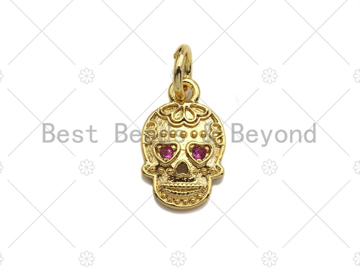 18K Gold Colorful Micro Pave Skull Pendant, Dainty Gold Skul