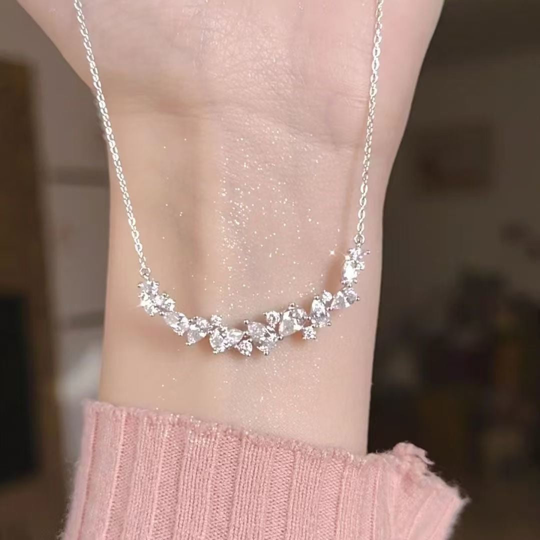 1pcs 999 Sterling Silver Cluster CZ Smile Bar Necklace, Luxury Delicate Style, Ideal For Birthday Gifts