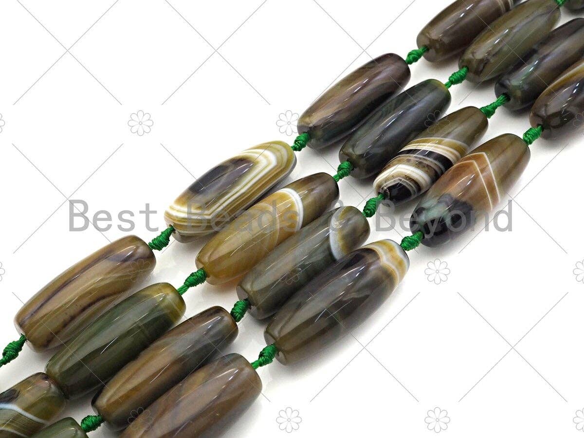 Natural Brown Green Agate Barrel Spacer Beads, Brown Green Agate Spacer Beads, Tibetan Dzi Beads, 14x40mm, Sku#U1040
