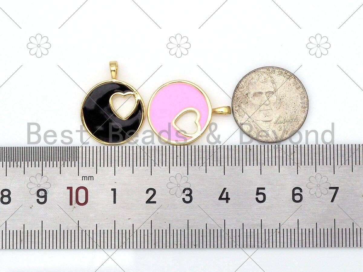 Colorful Enamel Hollow Out Heart On Round Coin Pendant,18K Gold Filled Heart Charm,Enamel Pendant,Enamel Jewelry,23x18mm,sku#L587