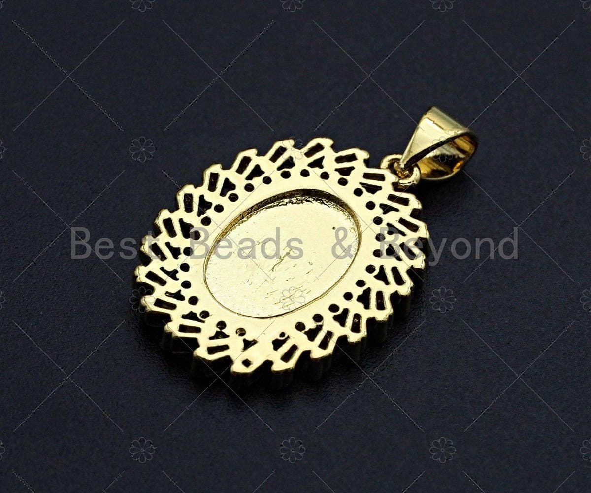 18K Gold Virgin Mary On Oval Emblem Shape Pendant, Oval Char