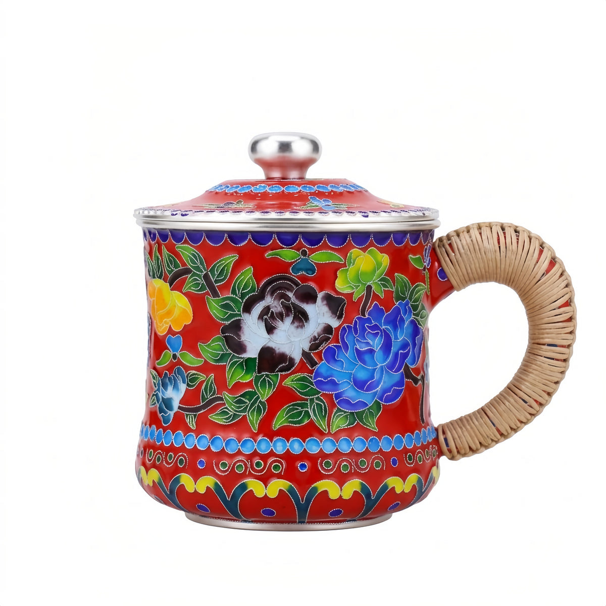 925 Sterling Silver Handcrafted Enamel Tea Cup with Bamboo Handle and Vibrant Floral Design-Premium Indigo Tea Mug - Handicraft