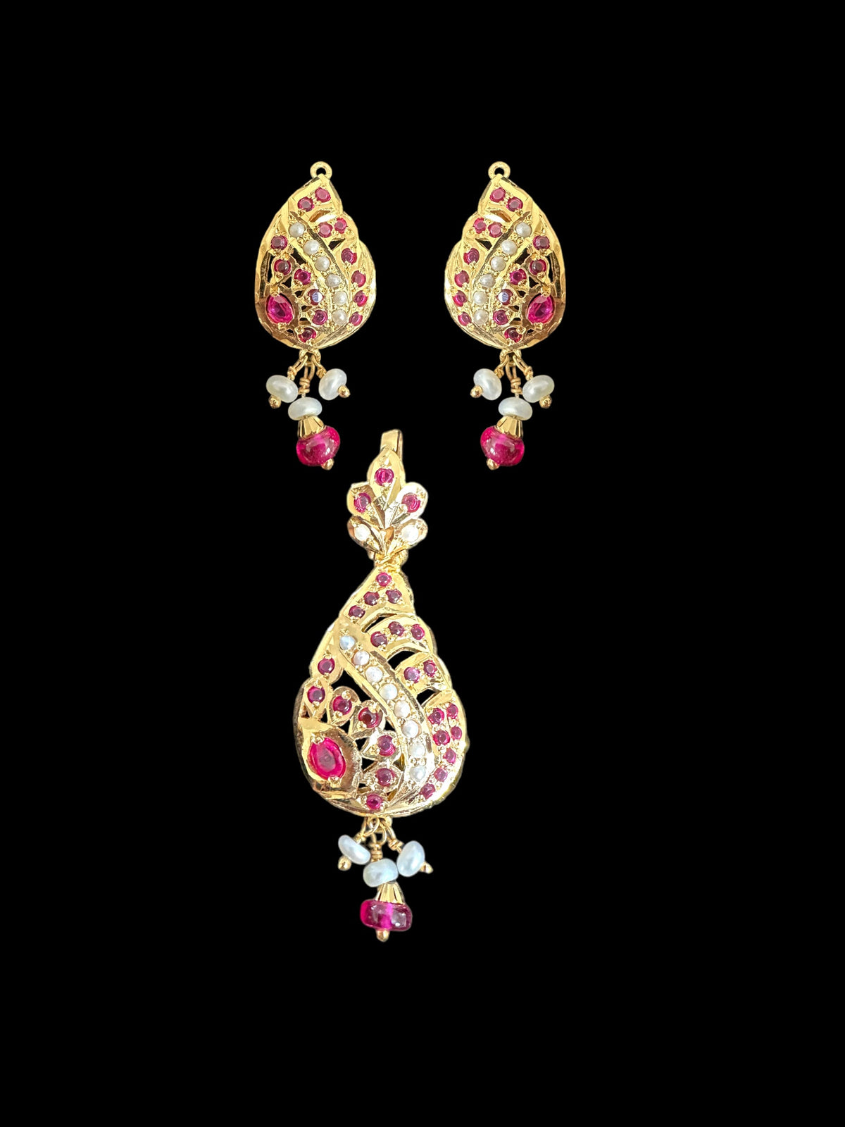 Gold-Plated Jadau Silver Pendant Set in Ruby & Pearl ( READY TO SHIP )