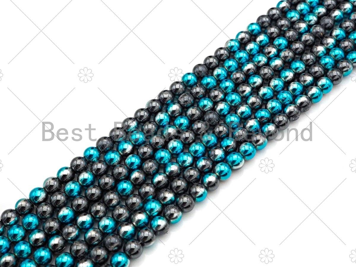 New!!! Half Plated Blue Natural Hematite Beads, 4mm/6mm/8mm Pecock Blue Round Smooth Beads,15.5''  Full Strands, Sku#S131
